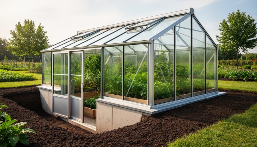 In-ground greenhouse built into hillside showing earth-bermed walls and angled transparent roof