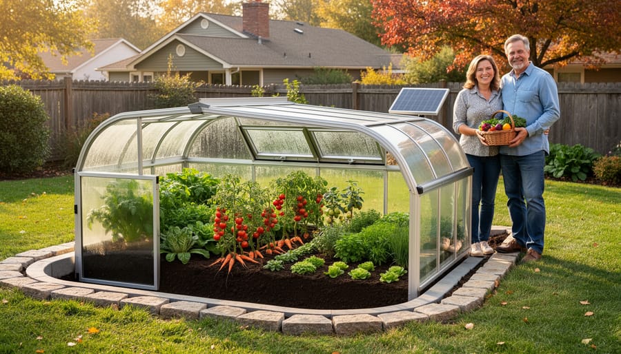 Hands holding freshly harvested mixed vegetables from in-ground greenhouse including tomatoes, peppers, and lettuce
