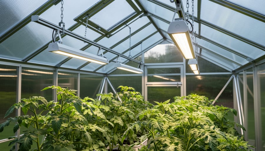 LED grow lights suspended above seedling trays in portable greenhouse interior