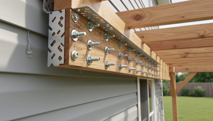 Close-up of pergola ledger board being mounted to house wall with lag screws and flashing