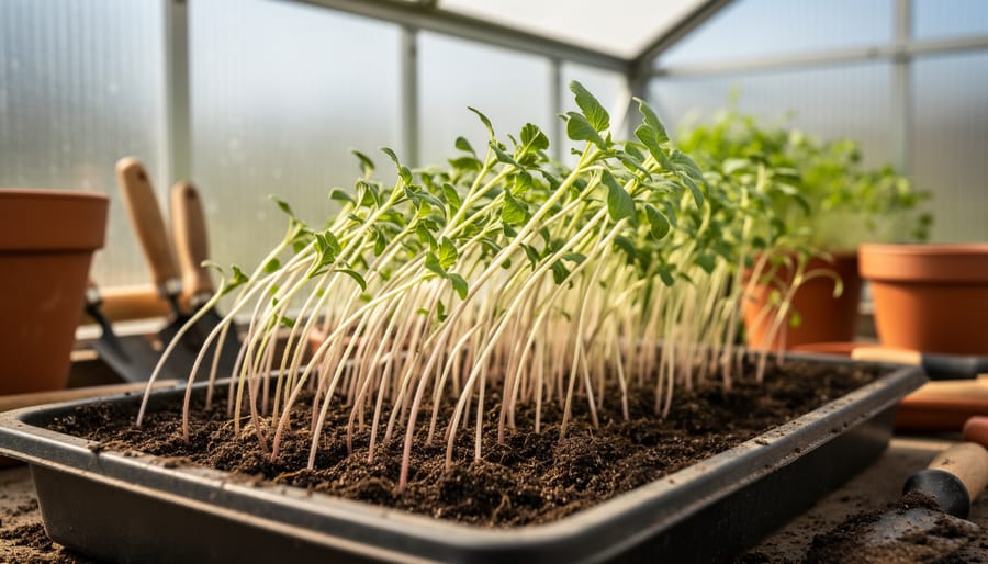 Pale, elongated seedlings stretching toward light in greenhouse showing insufficient light symptoms