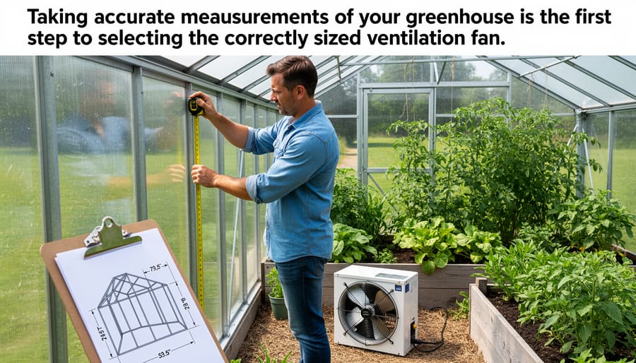 Person measuring greenhouse wall dimensions for ventilation fan installation