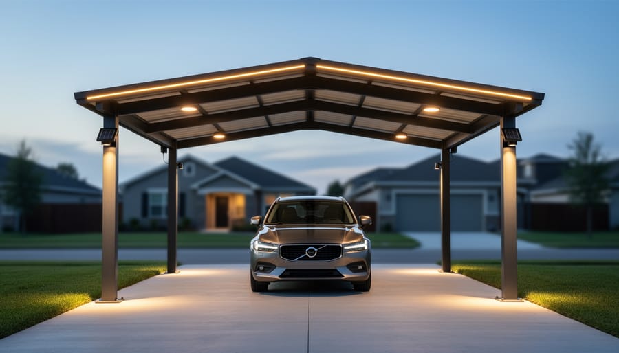 Modern metal carport at dusk with LED strips along the roof, solar spotlights at the entry posts, and puck lights on support beams, lighting a driveway with a parked car and a suburban home softly blurred behind.