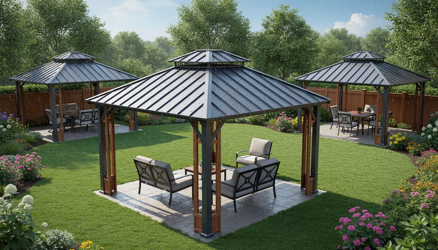 Modern hardtop gazebo with metal roofing panels in backyard setting
