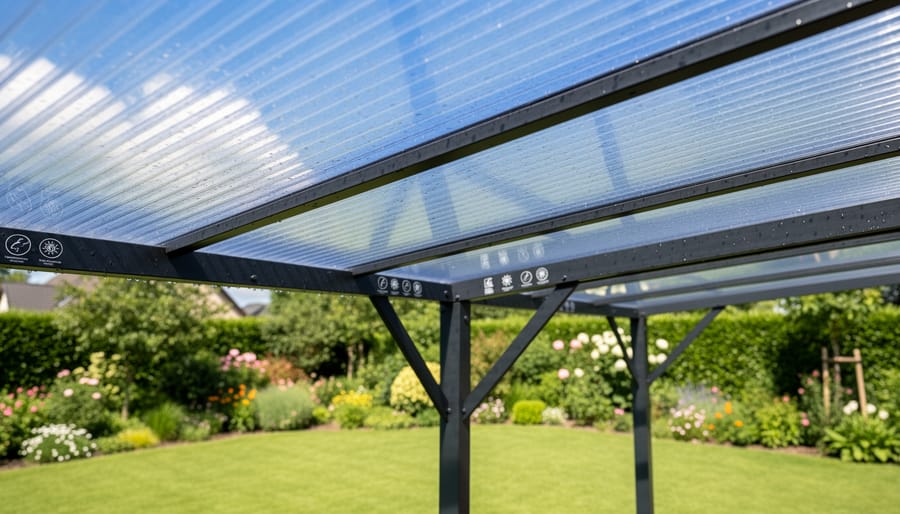 Close-up of tinted polycarbonate roofing panel with sunlight filtering through