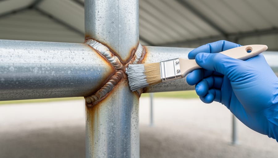 Gloved hand brushing gray zinc-rich primer onto a rusted welded joint of a galvanized portable garage steel frame, with the shelter’s fabric cover and gravel driveway softly blurred behind.