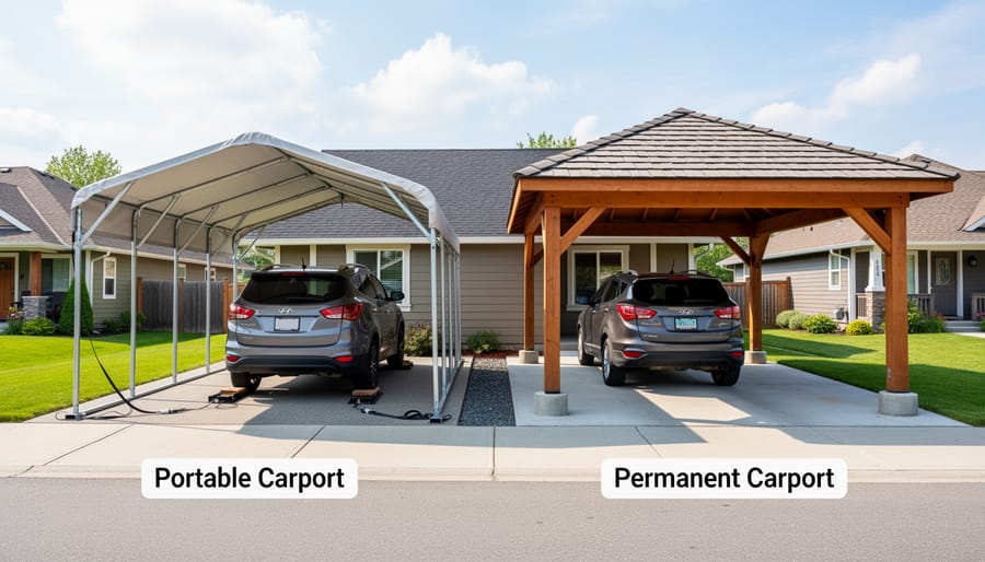 Modern metal carport installed in suburban residential driveway