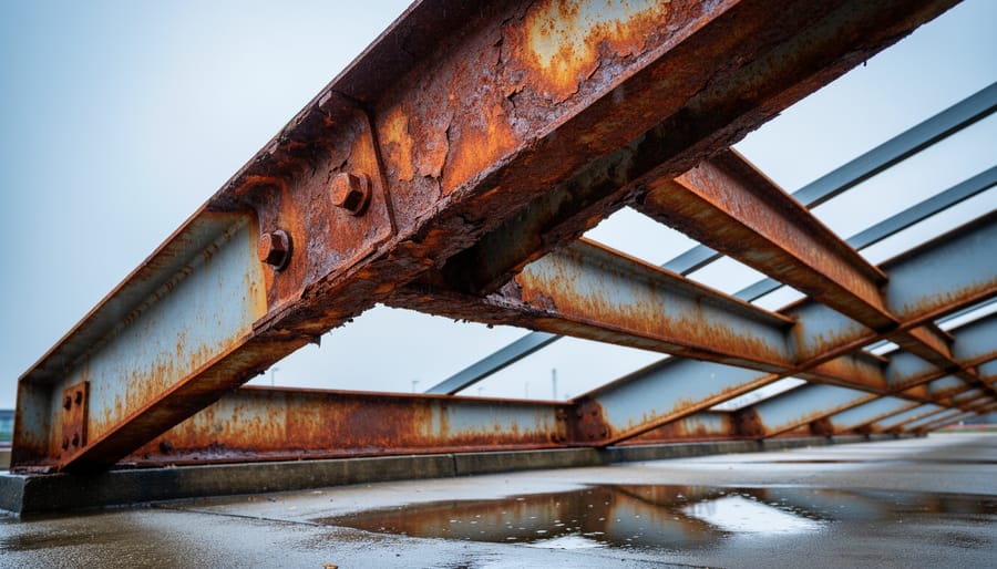 Close-up of corroded steel frame showing extensive rust damage and deterioration
