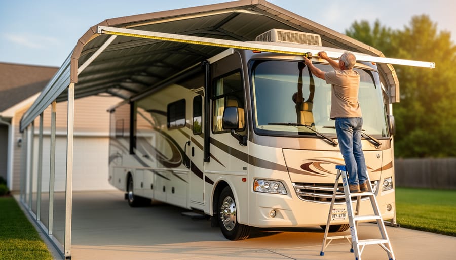 Person on a step ladder measuring the height of a steel RV carport as a Class A motorhome approaches, showing generous overhead clearance at golden hour