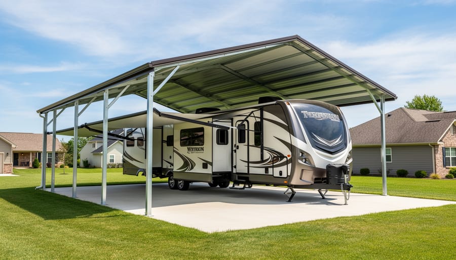 Travel trailer with extended slide-out under carport showing clearance space