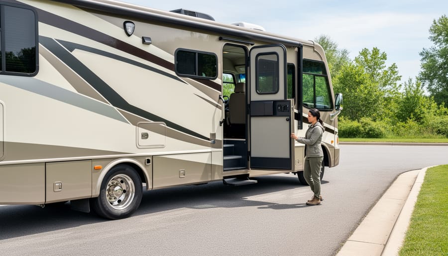 RV owner accessing exterior storage compartment with proper carport clearance