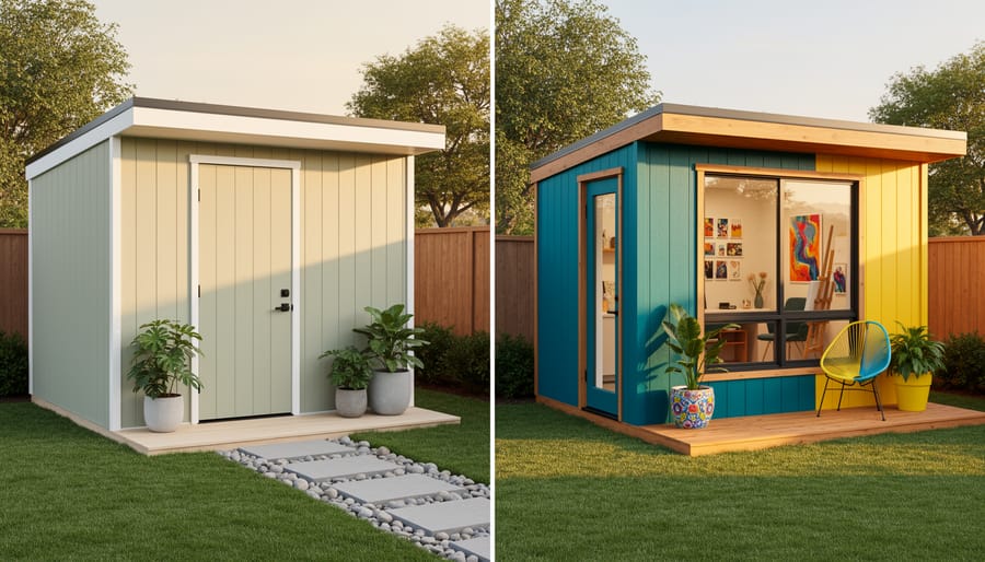 Collection of she sheds showcasing different exterior color schemes from calming blues to vibrant yellows and modern blacks