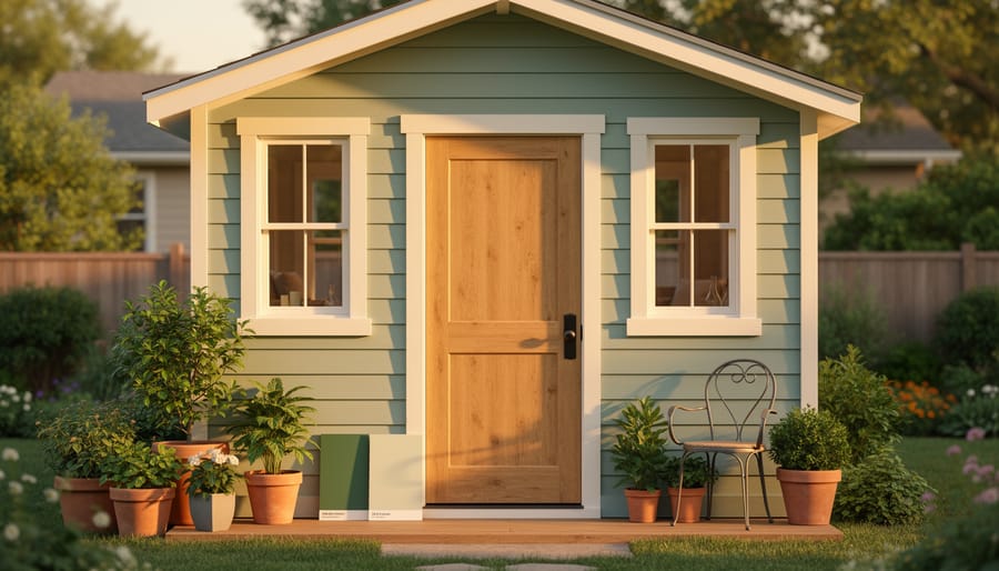 Sage-green she shed with cream trim and wooden door in a sunny backyard, potted plants and unlabeled color boards nearby, golden hour side light, suburban house and trees softly blurred behind.