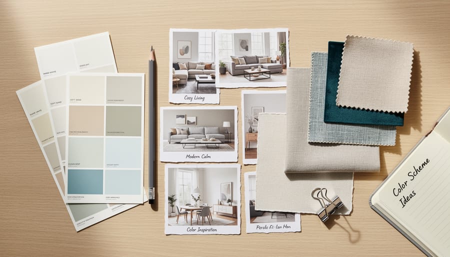 Overhead view of she shed planning mood board with paint swatches, fabric samples, and inspiration photos