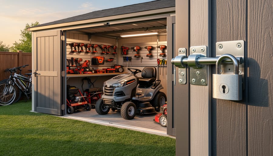 Garden shed with open door showing valuable lawn equipment, power tools, and bicycles stored inside