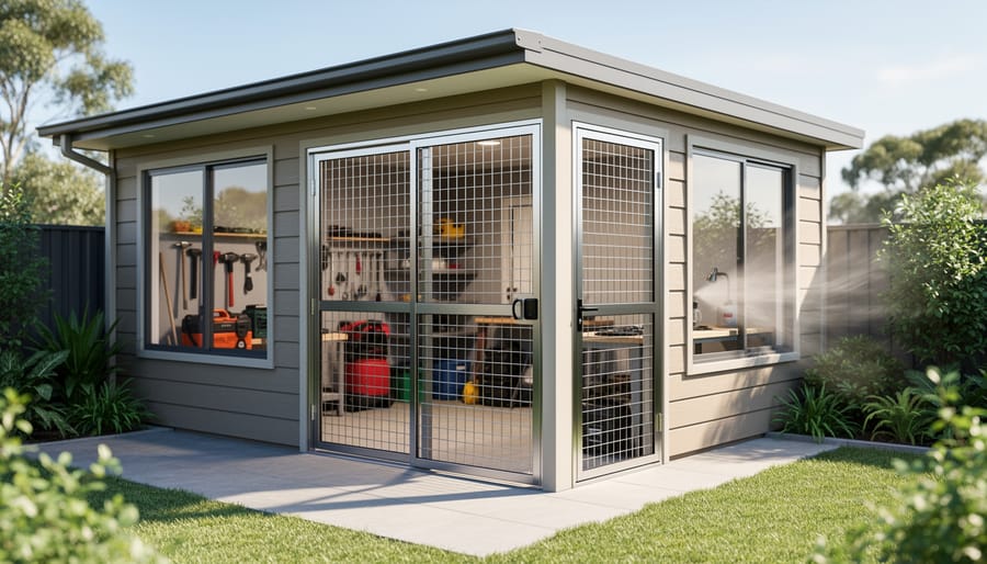 Garden shed with installed Crimsafe security screen door showing integration with existing structure