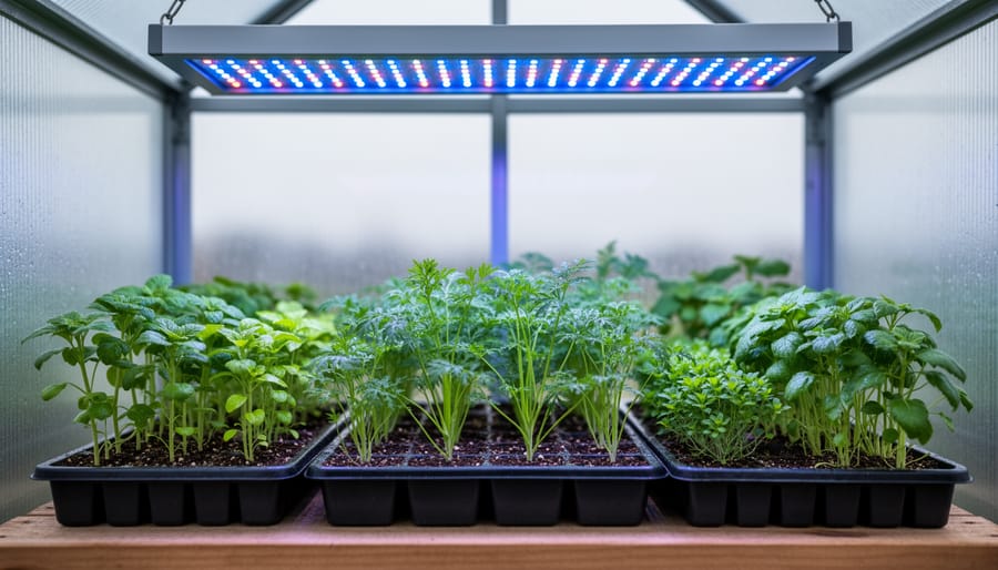 Eye-level close-up of seedling trays and young herbs on a greenhouse bench illuminated by an overhead full-spectrum LED grow panel, with translucent greenhouse panels and a cloudy sky softly blurred in the background.