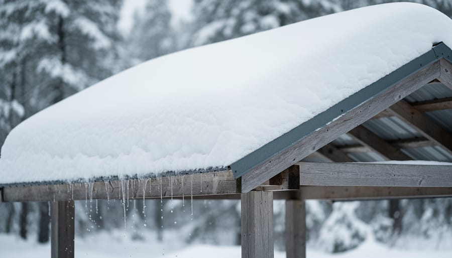 Close-up of thick snow accumulation on peaked metal shelter roof structure