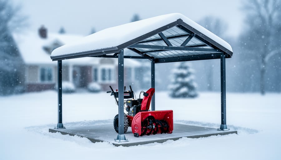 Sturdy snowblower shelter with a pitched, snow-covered roof on a reinforced concrete pad, steel frame and anchor bolts visible, red snowblower parked inside, with a blurred suburban house and snowy trees in the background.