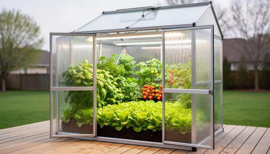 Thriving lettuce and herb plants growing successfully under supplemental lighting in portable greenhouse
