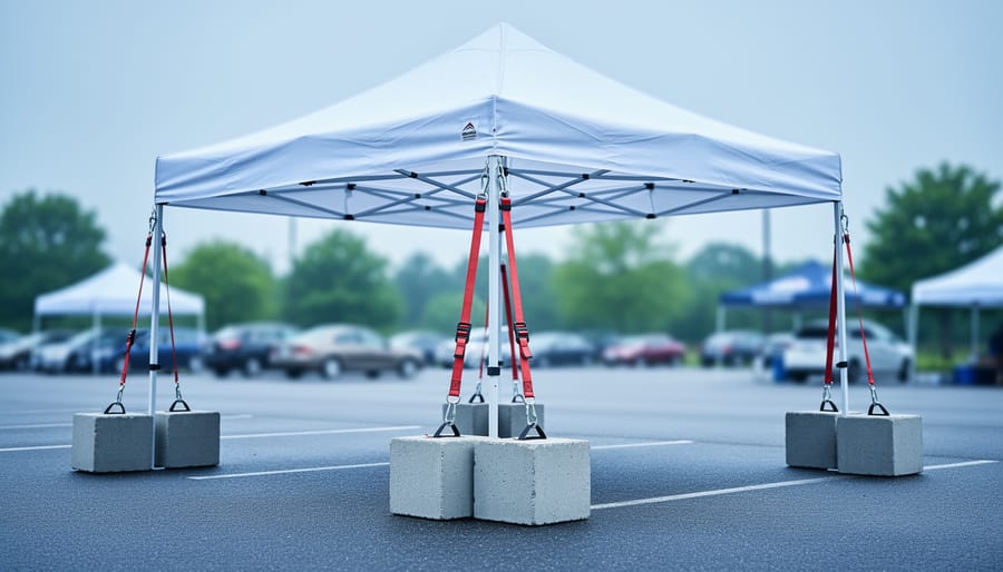 White canopy tent on asphalt secured with heavy leg weights and ratchet straps to concrete blocks, with a market parking lot and trees softly blurred in the background.
