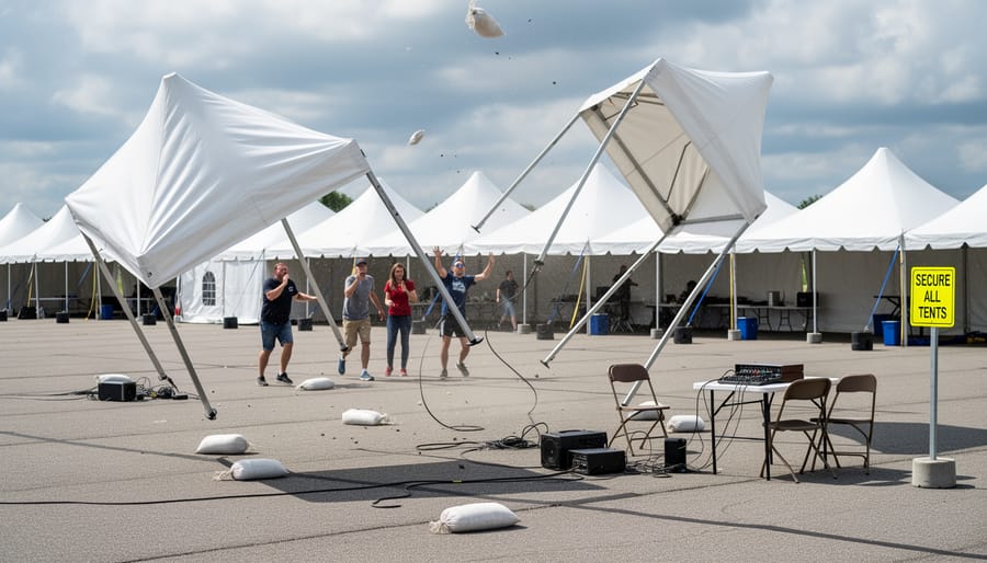 Custom printed canopy tent lifting off ground in wind due to inadequate anchoring