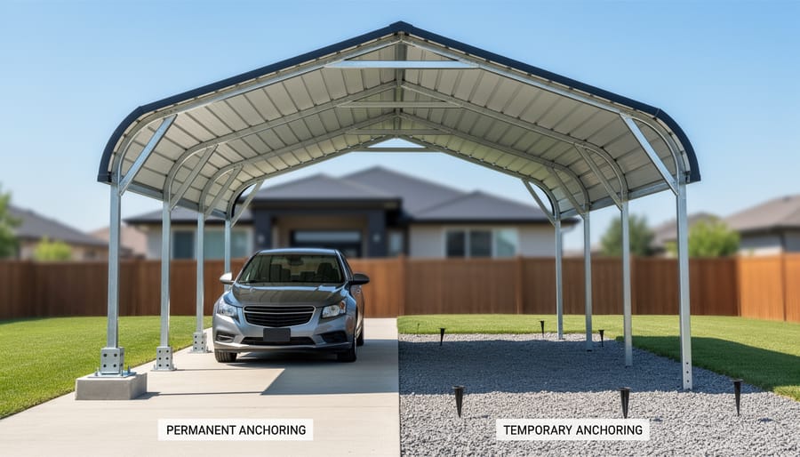 Portable carport being anchored to concrete driveway with ground anchors