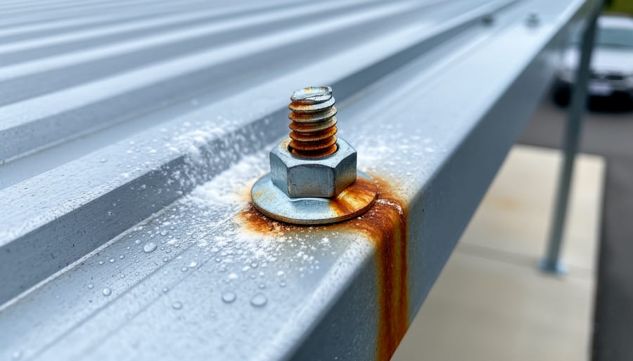 Close-up of a steel screw on an aluminum carport roof showing rust streaks, white powdery corrosion, and water droplets, with blurred carport beams and driveway in the background.