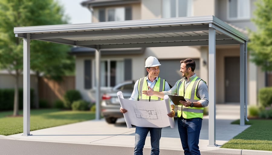 Homeowner and building inspector in a hard hat review rolled plans next to a modern metal carport in a suburban driveway, with the house and trees softly blurred in the background under diffused morning light.
