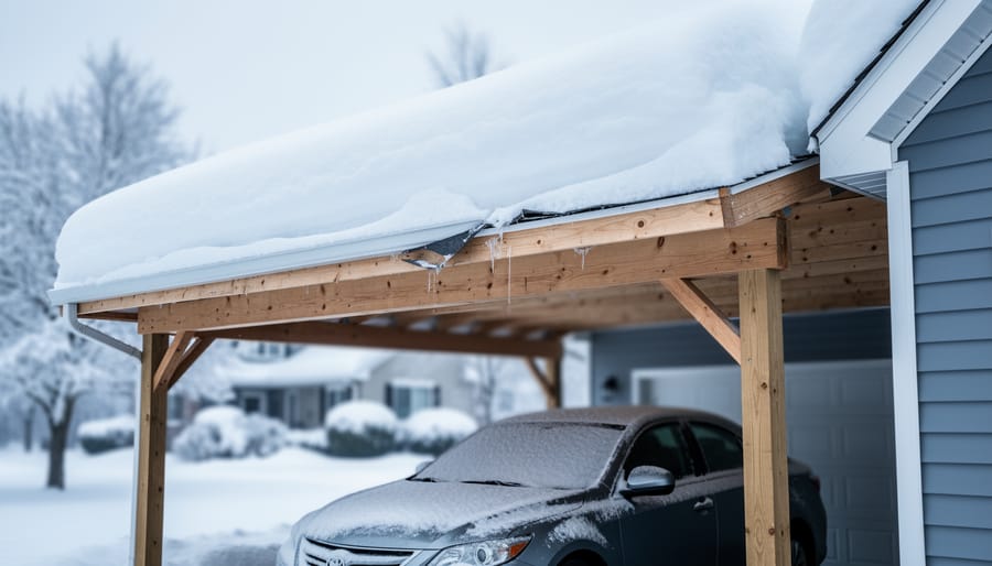 Shallow-pitched suburban carport roof burdened by deep snow with slight beam sagging, a parked car beneath, and a snow-covered driveway and trees in the background on an overcast day.