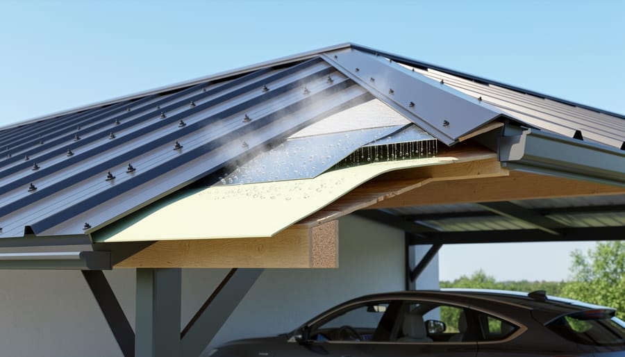 A-frame metal carport roof showing ridge ventilation system