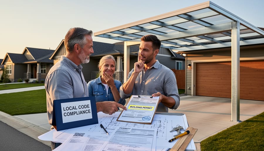Homeowner and contractor discussing building plans at residential carport construction site