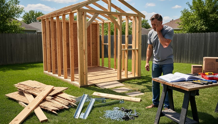 Damaged wooden shed panel with splintered edges and bent brackets on grass