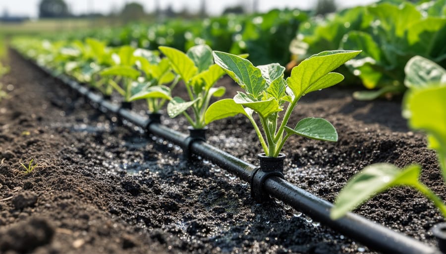 Close-up of drip irrigation emitter delivering water droplet to soil near plant base
