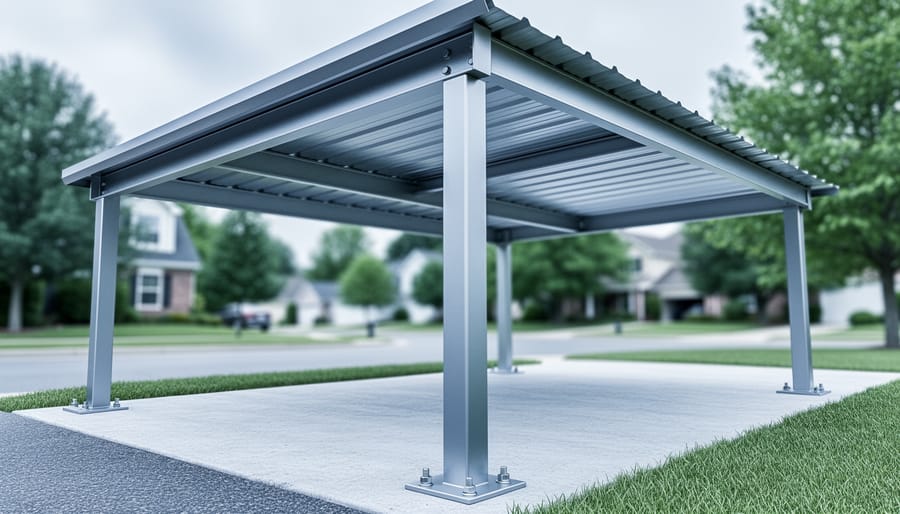 Low-angle three-quarter view of a modern metal carport featuring heavy-gauge galvanized, powder-coated steel frame and base plates anchored to concrete footings, with ribbed roof panels and a suburban driveway background.