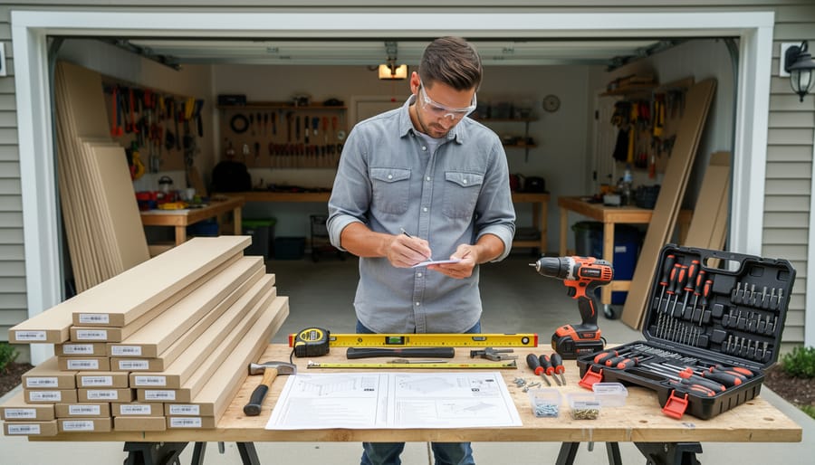Organized collection of shed assembly tools including drill, level, hammer, and safety equipment on workbench