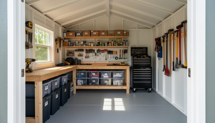 Completed shed interior with painted walls, wooden shelving, and organized storage