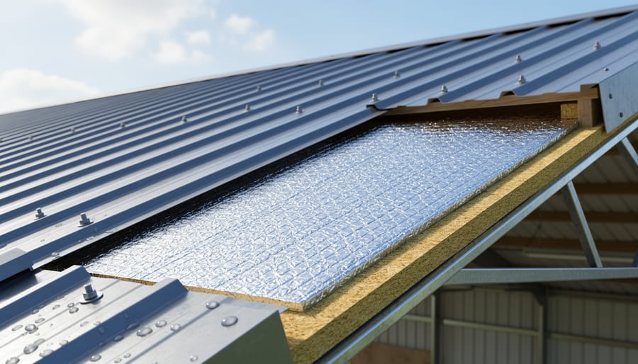Close-up of reflective foil condensation barrier material installed on metal roof