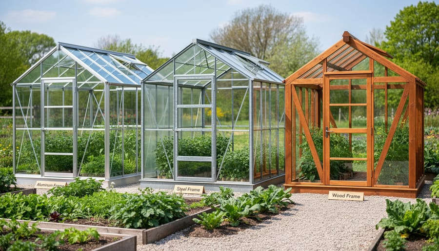 Comparison of aluminum, steel, and wood greenhouse framing materials on workbench
