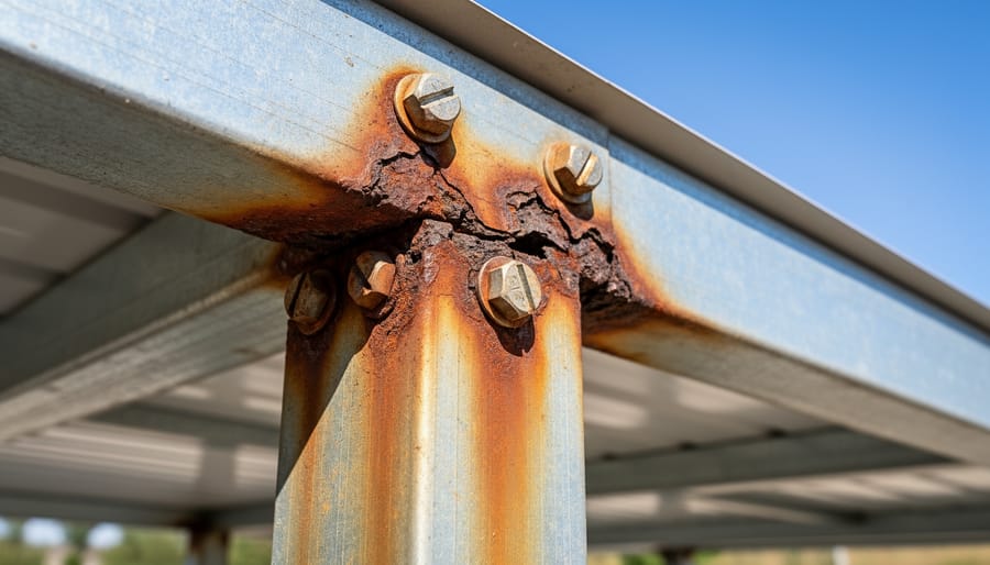 Close-up of rust corrosion around metal fastener on carport panel