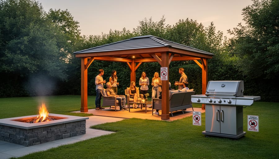 Family gathering under gazebo soft top with outdoor grill nearby