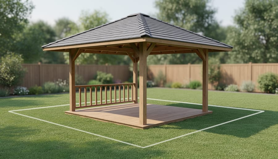 Low angle view of gazebo roof showing overhang extension beyond support posts