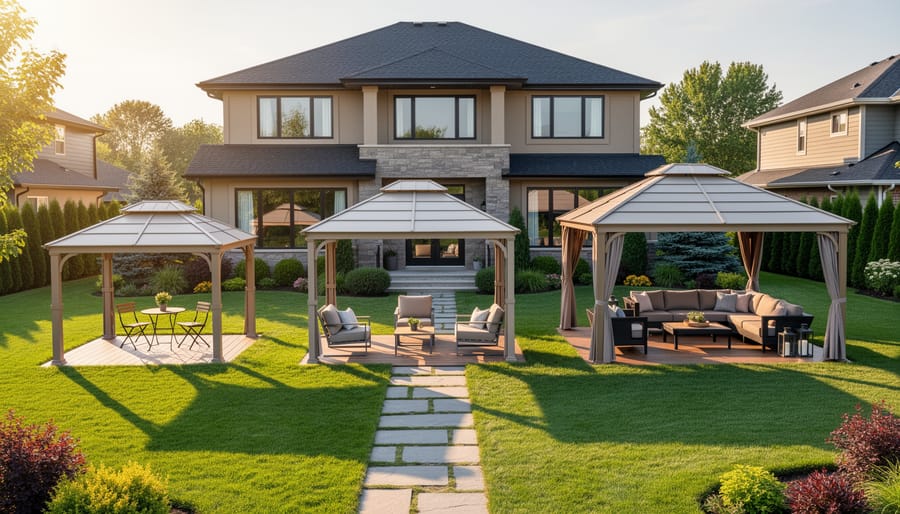 Three differently sized gazebos set across a suburban backyard next to a house, each with simple patio furniture underneath, showing scale, clearance, and walking space in warm evening light.