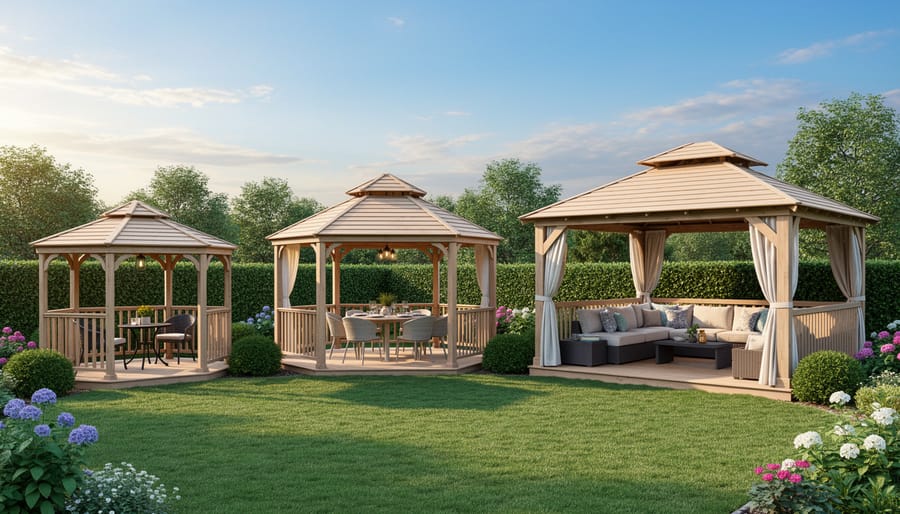 Three different sized gazebos displayed side by side showing small, medium, and large options