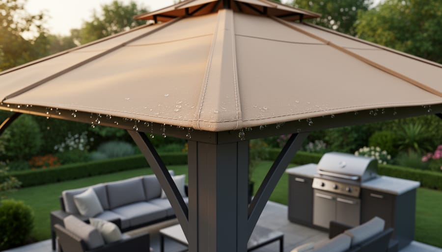 Close-up of a backyard gazebo soft-top canopy showing stitched seams and water droplets on the edge, photographed from a low angle at golden hour with patio furniture, grill, and garden blurred behind.