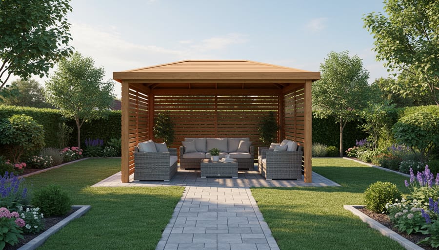Overhead view of gazebo with dining furniture showing spatial layout and surrounding clearance