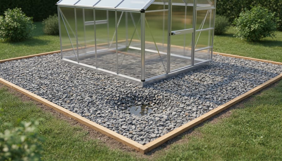 Completed gravel foundation base prepared for greenhouse installation