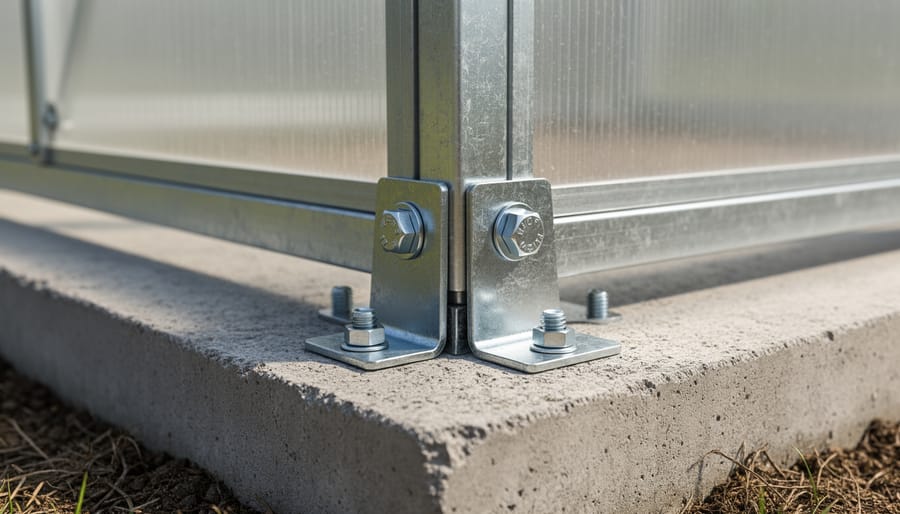 Metal anchor bolts and brackets securing greenhouse frame to concrete foundation