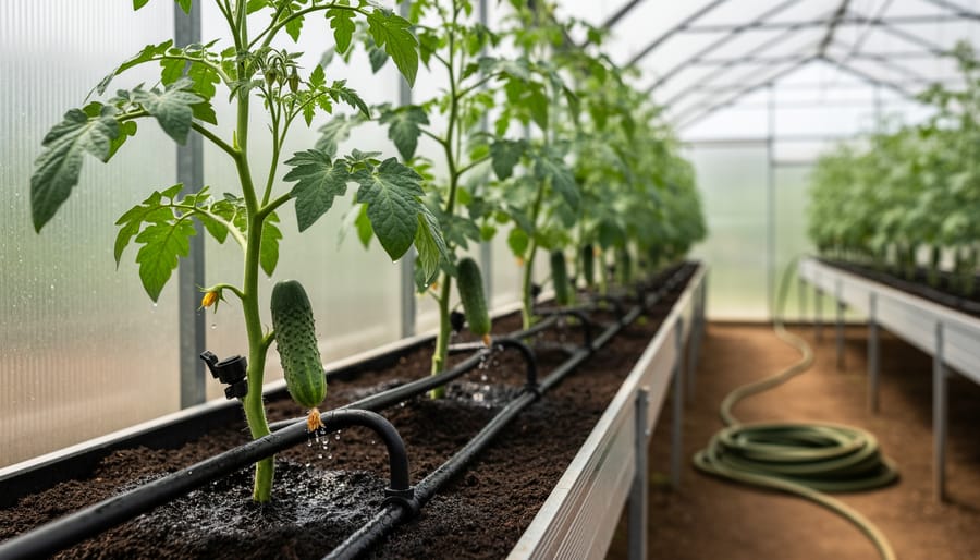 Eye-level view down a greenhouse aisle with drip irrigation lines watering container tomatoes and cucumbers, emitters and moist soil in sharp focus under soft diffused daylight, with blurred rows and a coiled garden hose in the background.