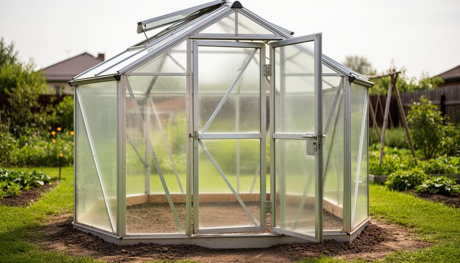 Greenhouse with structural damage and misaligned door due to poor foundation